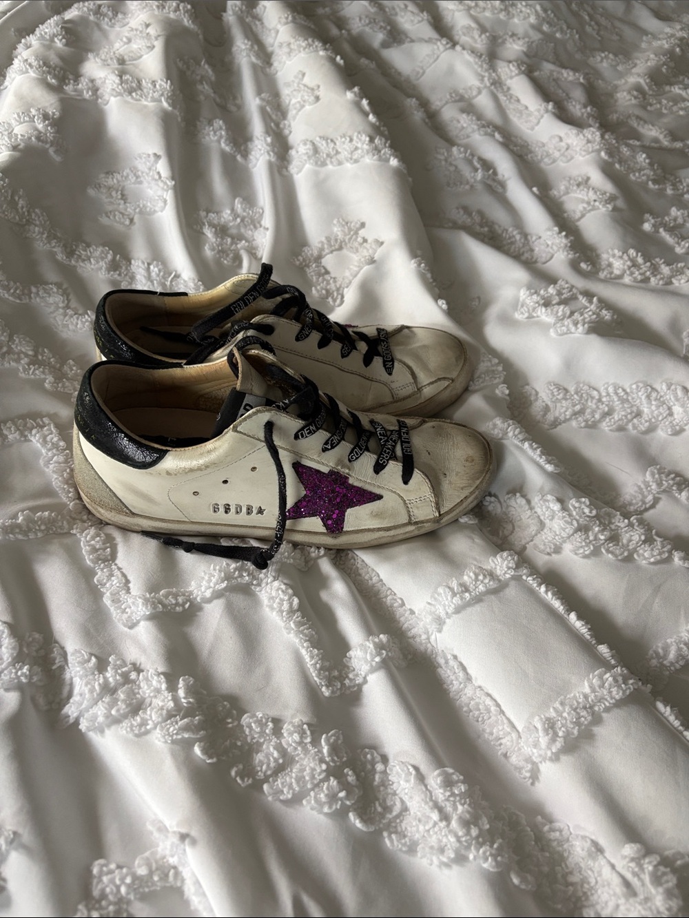 Golden Goose White Sneakers with Purple Star and Black Trim